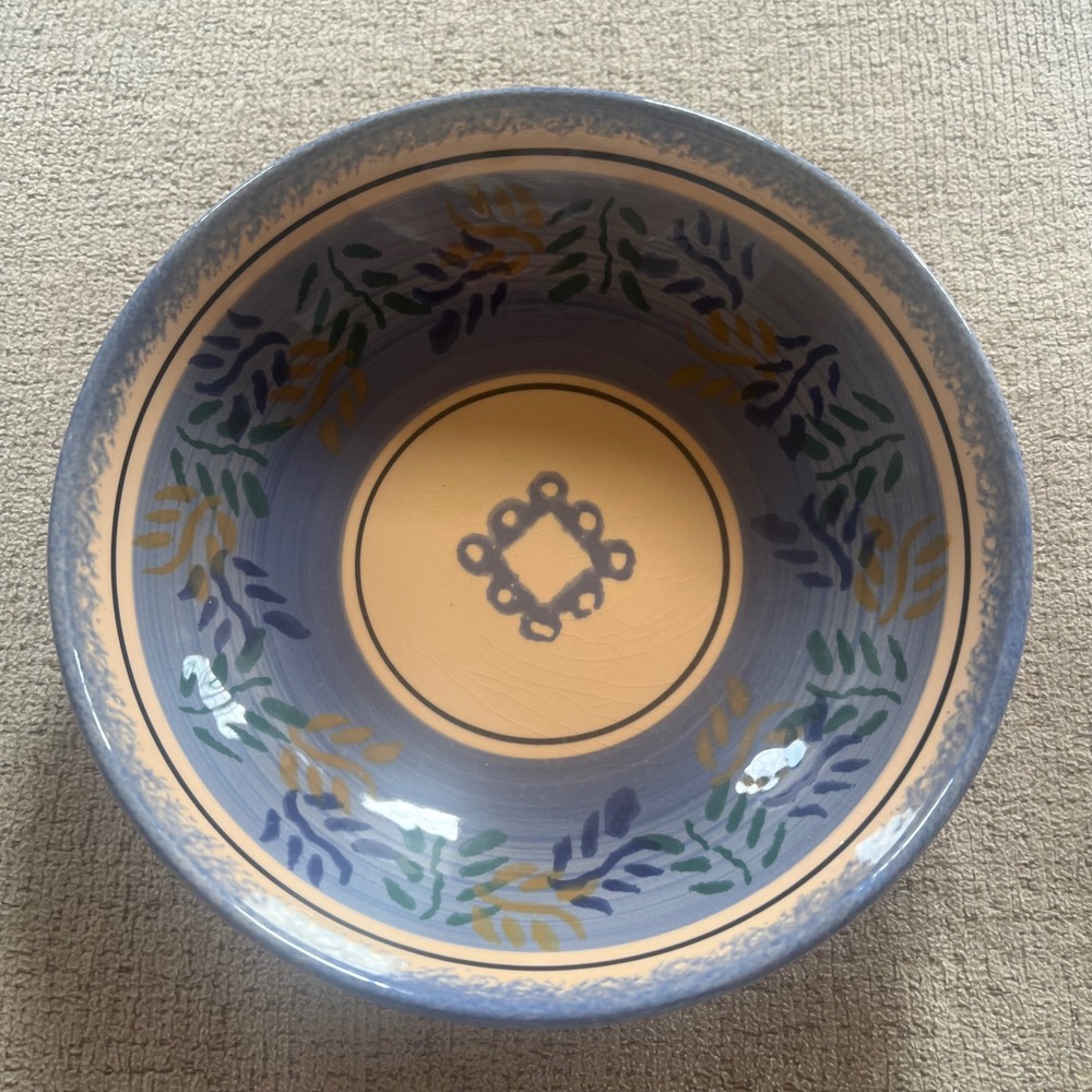 Luneville Peint Main France Hand Painted Ceramic Bowl‎ Blue Leaves 8.25"